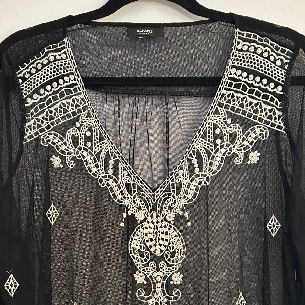 Alfani Black Sheer Top with White Embroidery